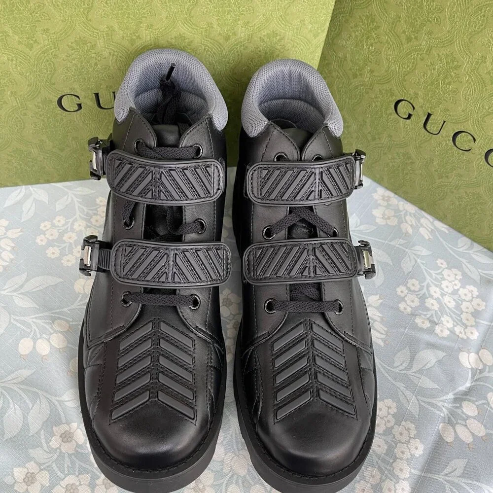 Gucci 718665 Black Leather Quebec Hi-top Calf Men's Sneakers Shoe, Sz G10‎
